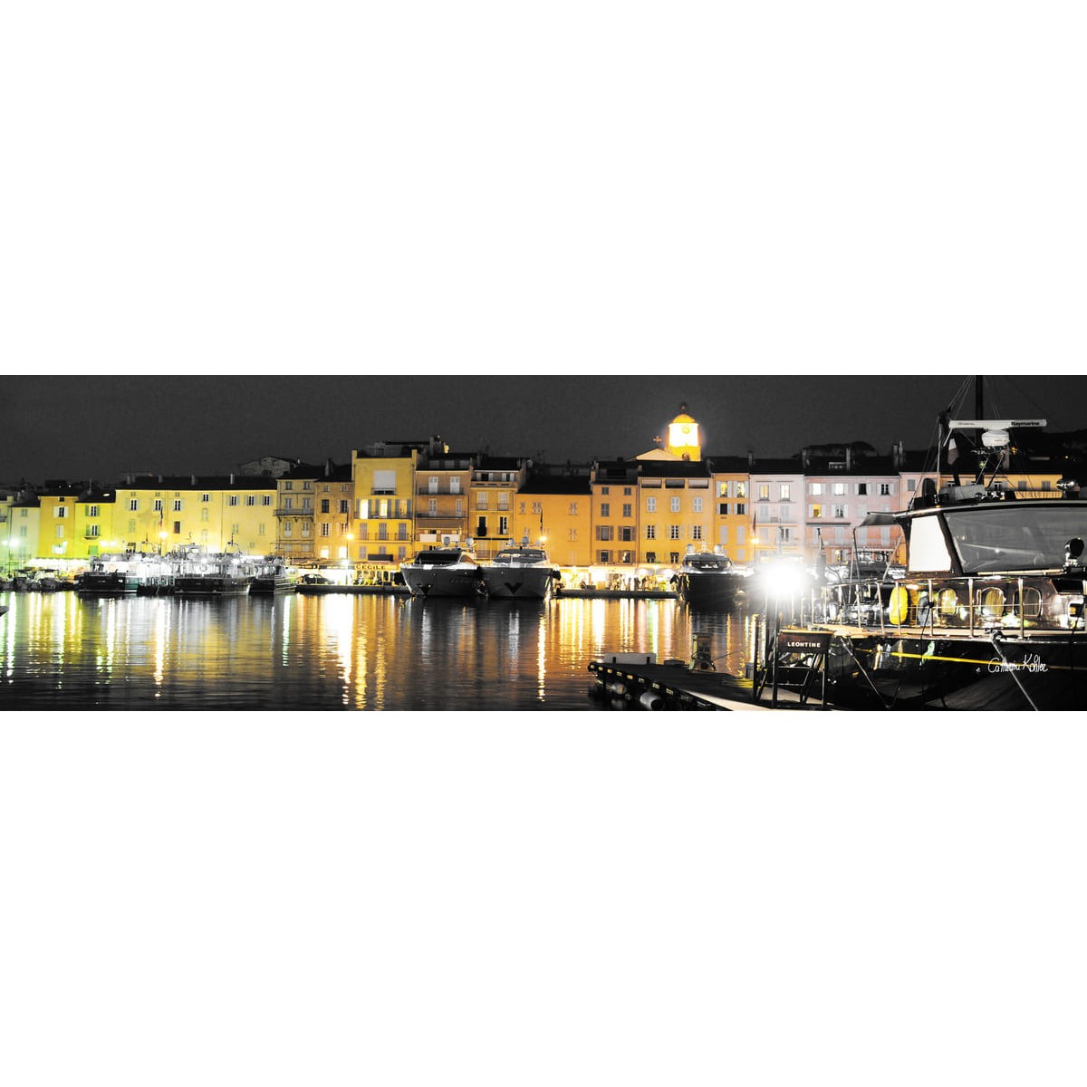 Tableau sur toile port Saint-Tropez nuit 30x97 cm