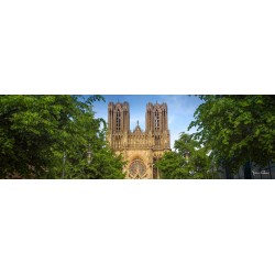 Tableau sur toile cathédrale Reims avec arbres 30x97 cm