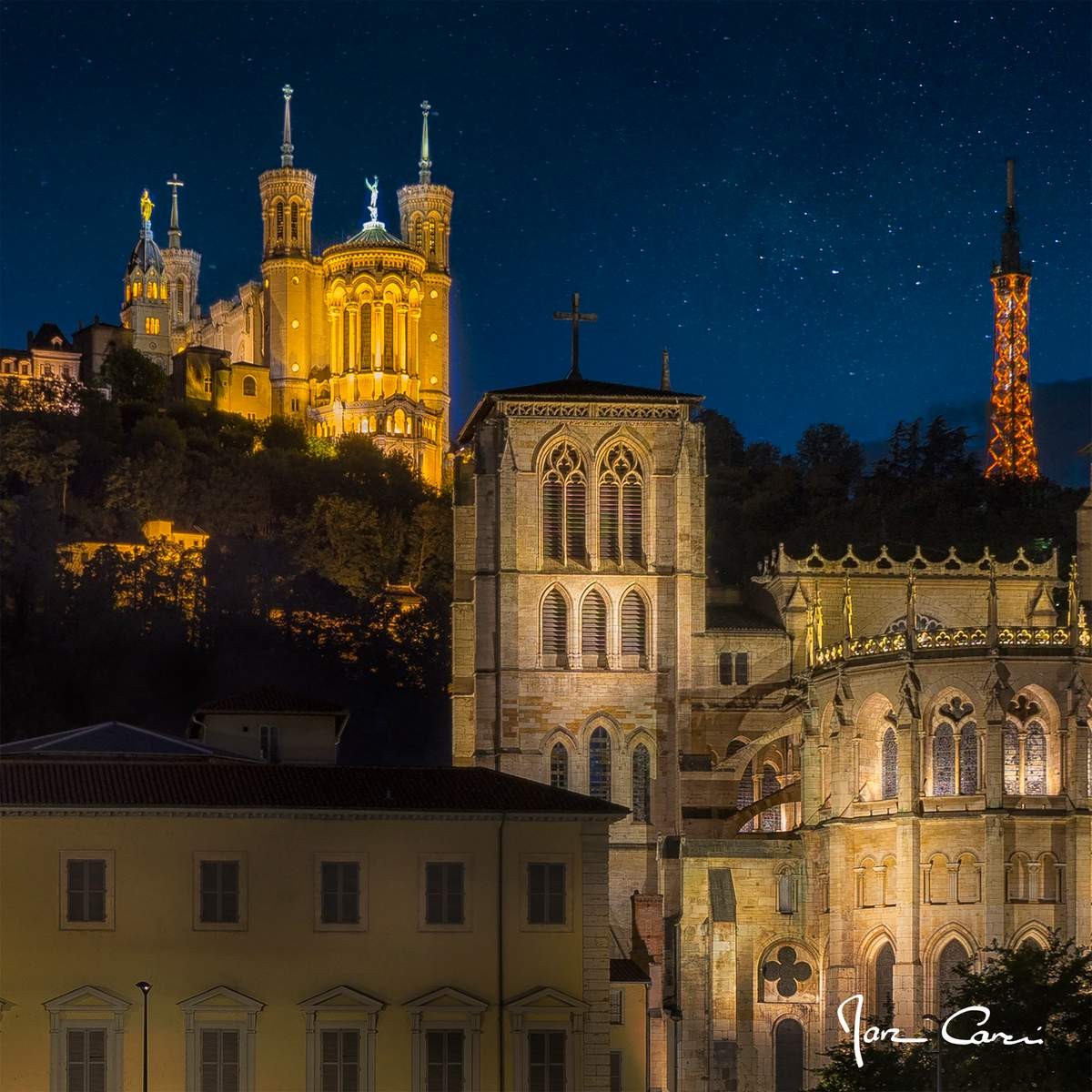 Tableau mural cathédrale Saint-Jean de Lyon la nuit 45x45 cm