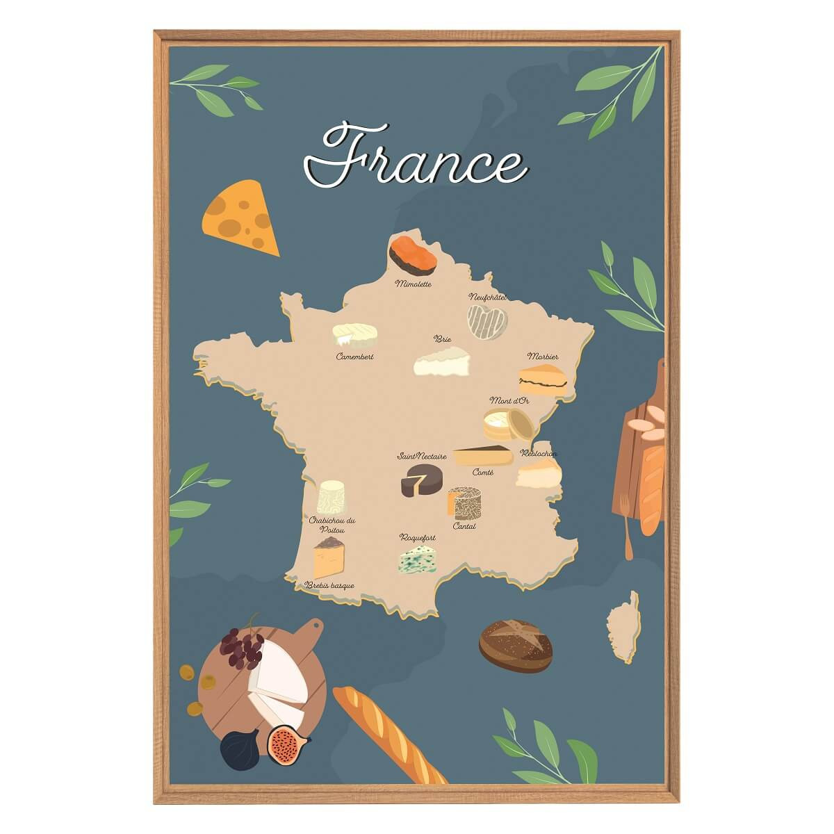 Tableau mural encadré fromages de France 65x97 cm face Tableau mural encadré fromages de France 65x97 cm face
