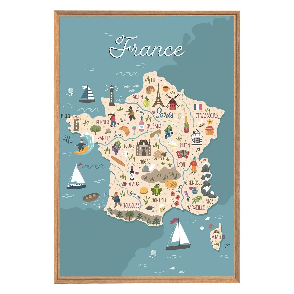 Tableau mural encadré illustration France 65x97 cm face