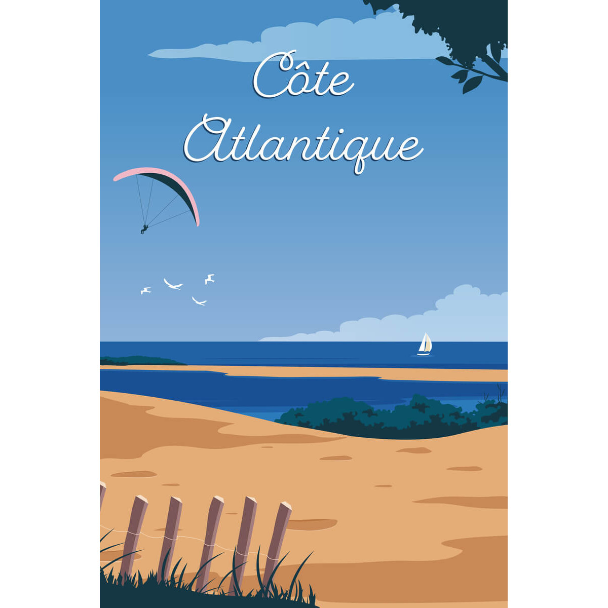 Tableau mural illustration plage côte Atlantique nuit