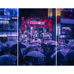 Triptyque sur toile Tokyo blue rain 125x97 cm