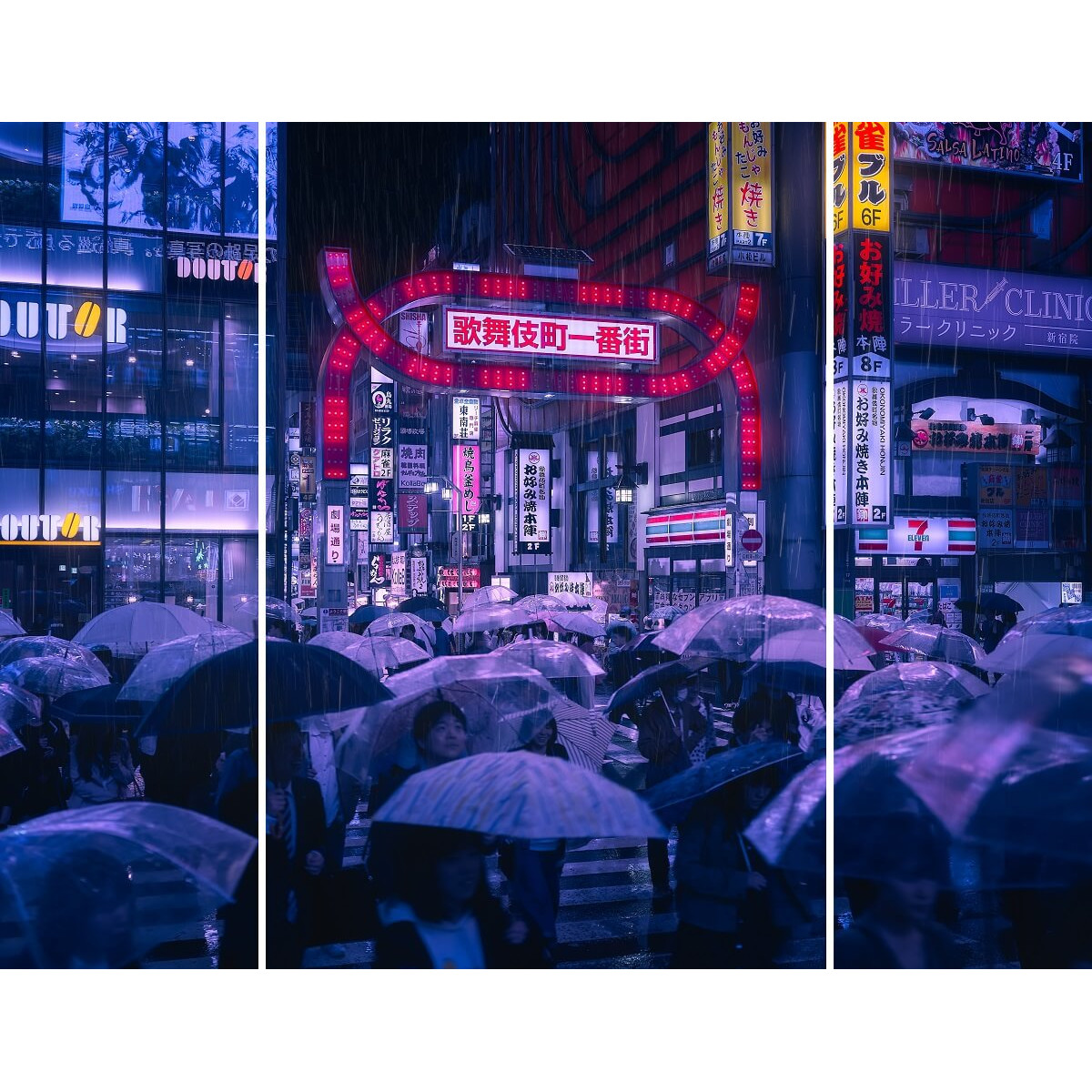 Triptyque sur toile Tokyo blue rain 125x97 cm