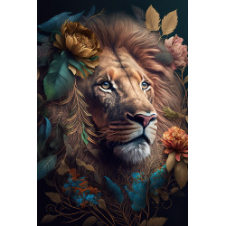 Tableau mural lion roi fleuri
