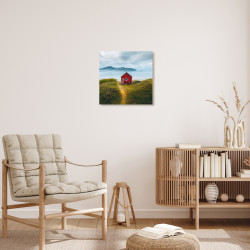 Tableau mural cabane rouge 30x30 cm mise en ambiance