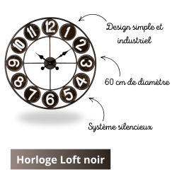 Horloge Loft noir 60 cm