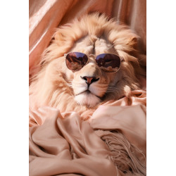 Tableau sur verre synthétique Lion chic avec lunettes 80x120 cm