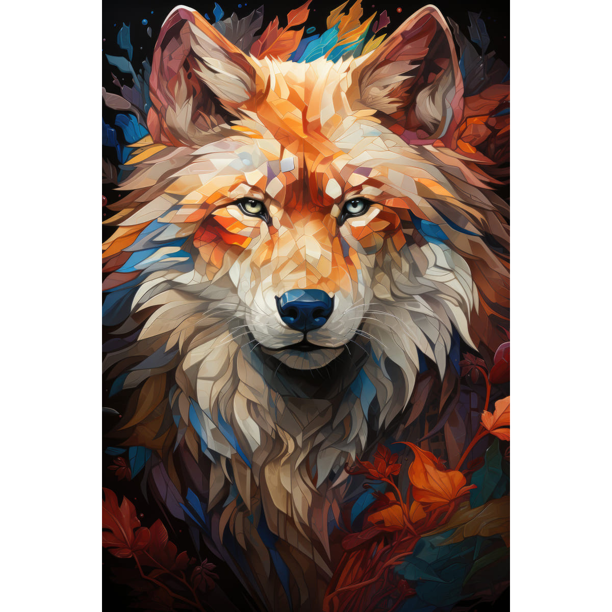 Tableau mural encadré loup mosaïque coloré 65x97 cm