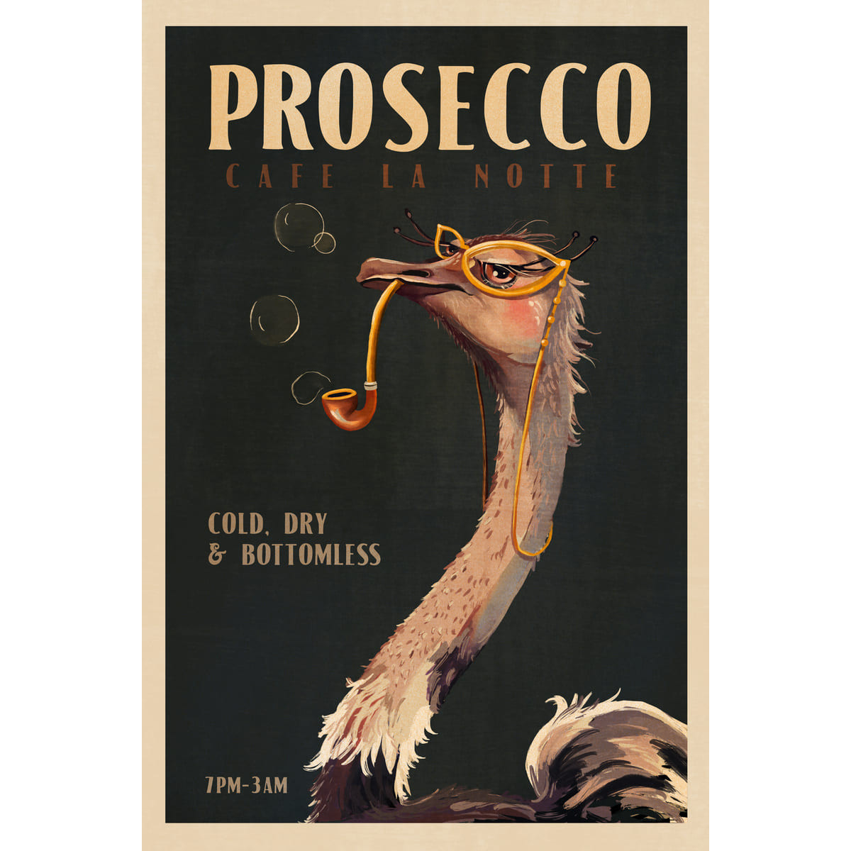 Tableau mural encadré autruche Prosecco Café la Notte 65x97 cm