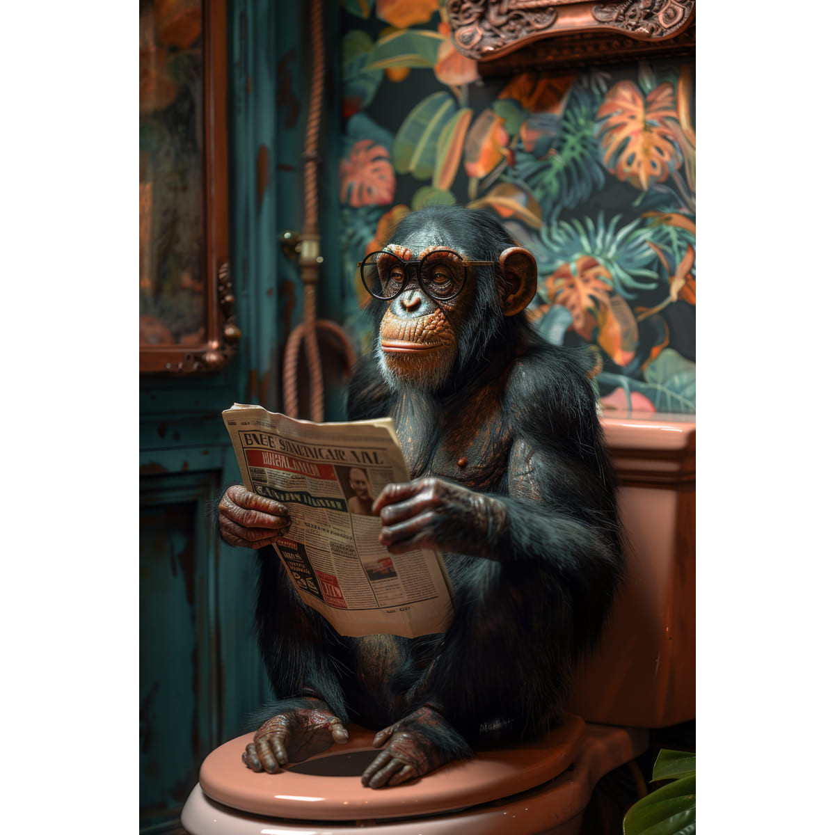Tableau mural Singe lecteur de journal aux toilettes Tableau mural Singe lecteur de journal aux toilettes