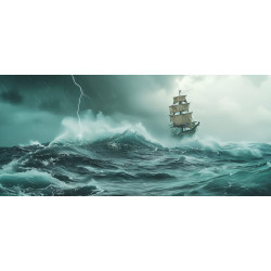 Tableau sur verre synthétique navire en tempête 65x145 cm