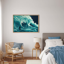 Tableau mural encadré homme face à une vague déchaînée 65x97 cm ambiance