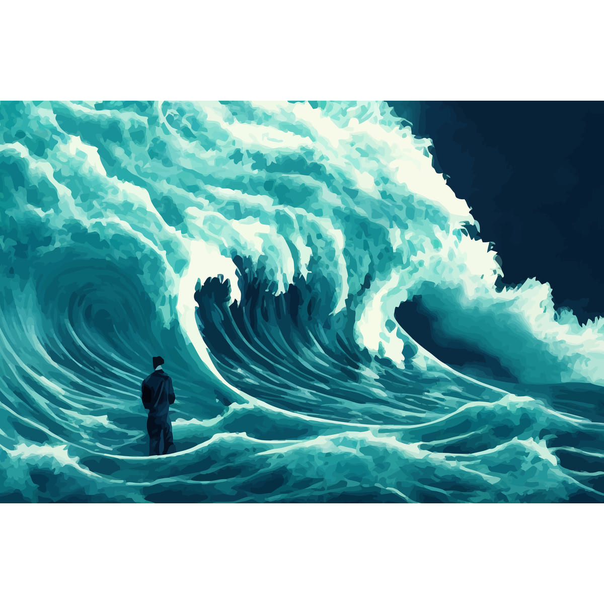 Tableau mural encadré homme face à une vague déchaînée 65x97 cm