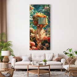 Tableau sur verre synthétique personnage à tête d’écran et couronne florale 65x145 cm ambiance