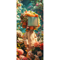 Tableau sur verre synthétique personnage à tête d’écran et couronne florale 65x145 cm
