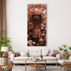Tableau sur verre synthétique personnage à tête de télévision couronne florale 65x145 cm ambiance