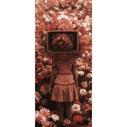 Tableau sur verre synthétique personnage à tête de télévision couronne florale 65x145 cm