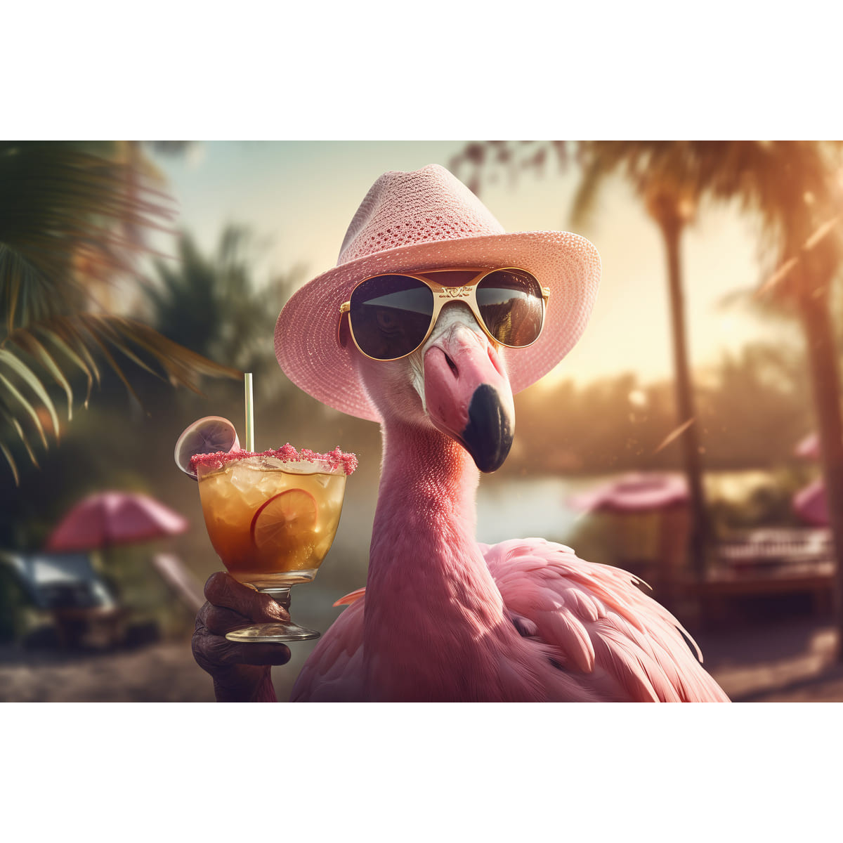Tableau mural Flamant rose chic avec cocktail